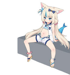 1girl absurdres animal_ear_fluff bare_legs bikini blonde_hair blue_bikini blue_eyes blue_hair blush closed_mouth collarbone dress fins fish_girl fish_tail flat_chest frilled_bikini frills full_body highleg highleg_bikini highres indie_virtual_youtuber lifebuoy_hair_ornament low_twintails multicolored_hair navel one_side_up pruzhka_(wardi113) sameko_saba short_shorts shorts side-tie_bikini_bottom simple_background sitting solo spread_legs streaked_hair striped_bikini striped_clothes swimsuit tail toes twintails variant_set virtual_youtuber white_background white_dress white_shorts