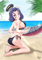 1girl akashieru artist_logo ass barefoot beach bikini black_bikini blue_sky breasts butt_crack cloud day dimples_of_venus from_behind glaive_(polearm) hair_between_eyes halo highres horizon kantai_collection large_breasts logo looking_at_viewer mechanical_halo medium_breasts ocean official_alternate_costume one-hour_drawing_challenge outdoors polearm purple_eyes purple_hair short_hair side-tie_bikini_bottom sideboob sky smile solo swimsuit tatsuta_(kancolle) tatsuta_(swimsuit)_(kancolle) weapon