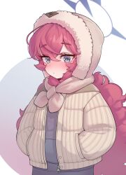 1girl absurdres blue_archive blue_eyes brown_hood brown_jacket brown_scarf choonbongwoori closed_mouth fur-trimmed_hood fur_trim gehenna_academy_logo hair_between_eyes halo hands_in_pockets highres hood iroha_(blue_archive) jacket long_hair looking_at_viewer purple_halo red_hair scarf solo striped_clothes striped_jacket upper_body vertical-striped_clothes vertical-striped_jacket very_long_hair white_background
