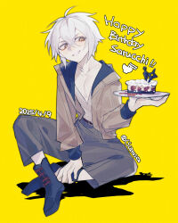 1boy artist_name belt black_shoes boots brown_eyes brown_jacket cake character_name cscarus dated food hakata_tonkotsu_ramens happy_birthday highres jacket lace-up_boots male_focus open_clothes open_jacket saruwatari_shunsuke shoes shuriken sitting smile solo weapon white_hair yellow_background