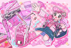Rule 34 | 1girl, agechan007, bag, bag charm, baseball cap, blue bag, blue skirt, charm (object), clover, commentary request, confetti, eraser, four-leaf clover, handbag, hat, heelys, heisei retro, highres, holding, jacket, lanyard, long hair, long sleeves, open clothes, open jacket, original, pen, pink hair, pink hat, pink jacket, pink shirt, pink shoes, pink socks, pink theme, rainbow, ruler, shirt, shoes, side ponytail, skirt, socks, solo, stationery, tamagotchi, tamagotchi (virtual pet), tamagotchi on, translation request, walking