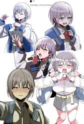 1girl bang_dream! bang_dream!_it&#039;s_mygo!!!!! blue_jacket blush brown_eyes closed_eyes collared_shirt crying crying_with_eyes_open earrings grey_hair grey_skirt highres holding holding_microphone jacket jewelry korean_text microphone multiple_views music open_mouth shirt sierit simple_background singing skirt takamatsu_tomori tears translation_request white_background white_shirt