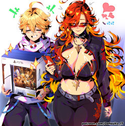 Rule 34 | +++, 1boy, 1girl, absurdres, adapted costume, aether (genshin impact), belt, belt buckle, black collar, blonde hair, blush stickers, boyfriend with expensive gifts (meme), breasts, buckle, cleavage, closed mouth, collar, commentary, controller, defaultz, eggplant emoji, english commentary, fingernails, game console, game controller, genshin impact, glasses, grey belt, grin, heart, highres, jewelry, large breasts, long fingernails, long hair, looking at another, looking over eyewear, looking to the side, mavuika (genshin impact), meme, midriff, necklace, orange eyes, orange hair, pendant, playstation 5, red-tinted eyewear, ring, round eyewear, sideways glance, smile, spiked collar, spikes, sunglasses, sweatdrop emoji, symbol in eye, tinted eyewear, watermark, web address