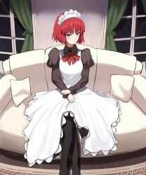 1girl absurdres apron blue_eyes bow coti_neko couch highres hisui_(tsukihime) indoors long_sleeves looking_at_viewer maid maid_apron maid_headdress on_couch pillow puffy_sleeves red_hair ribbon short_hair sitting smile solo tsukihime tsukihime_(remake) white_apron window