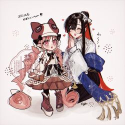2girls black_bow black_hair black_skirt boots bow checkered_clothes checkered_skirt closed_eyes collared_shirt colored_inner_hair dress facing_another fate/grand_order fate_(series) frilled_dress frills full_body habetrot_(fate) heart highres kneeling lace-up_boots long_hair looking_at_viewer miss_crane_(fate) multicolored_dress multicolored_hair multiple_girls noa_pisces open_mouth palms_together pink_eyes pink_hair red_hair sash shirt skirt smile standing twintails white_shirt