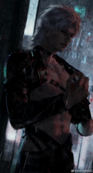 1boy absurdres artist_name asymmetrical_sleeves black_pants chest_harness closed_mouth cowboy_shot harness highres jewelry looking_afar love_and_deepspace male_focus medium_hair mismatched_sleeves multiple_rings pants pectorals rain red_eyes ring solo standing sylus_(love_and_deepspace) water_drop watermark weibo_username weibo_watermark white_hair yharon