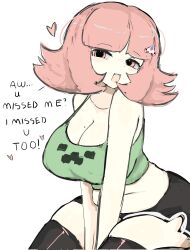 1girl bare_shoulders black_shorts black_thighhighs breasts brown_hair cleavage creeper danganronpa_(series) danganronpa_2:_goodbye_despair flipped_hair galaga green_shirt hair_ornament highres large_breasts looking_at_viewer m3link medium_hair minecraft mole mole_on_breast nanami_chiaki navel pink_eyes pink_hair plump shirt shorts simple_background solo thighhighs