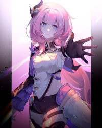 1girl absurdres ashou-gm black_gloves black_shorts blue_eyes breasts cleavage commentary corset cowboy_shot elysia_(honkai_impact) elysia_(miss_pink_elf)_(honkai_impact) gloves hair_ornament highres honkai_(series) honkai_impact_3rd long_hair looking_at_viewer pink_background pink_hair reaching reaching_towards_viewer short_shorts shorts solo symbol-only_commentary thighs very_long_hair white_corset
