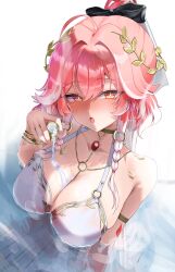 1girl absurdres armlet bare_shoulders black_bow blush body_markings bow breasts bright_pupils changli_(laurel_nymph)_(wuthering_waves) changli_(wuthering_waves) cleavage collarbone colored_extremities commentary cup dress gradient_clothes gradient_dress hair_bow head_wreath highres holding holding_cup jewelry long_hair looking_at_viewer multicolored_hair official_alternate_costume open_mouth orange_eyes partially_submerged pink_hair pouring pouring_onto_self red_dress red_hands rua_(rua0007113) solo two-tone_hair very_long_hair white_hair white_pupils wuthering_waves