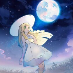 1girl :o blonde_hair blunt_bangs braid cloud collared_dress dress fern full_moon green_eyes hair_spread_out hand_on_own_chest hat lillie_(pokemon) long_hair looking_at_viewer milky_way mizutani_megumi moon moonlight night night_sky nintendo on_grass open_mouth pokemon pokemon_sm pokemon_tcg pokemon_tcg_pocket second-party_source sky sleeveless sleeveless_dress solo star_(sky) sun_hat twin_braids white_dress white_hat