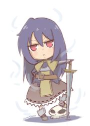 1girl :&lt; aura belt bio_lab blush brown_belt brown_capelet brown_skirt capelet chest_guard chibi chibi_only chorvaqueen closed_mouth commentary egnigem_cenia english_commentary full_body holding holding_sword holding_weapon long_hair looking_at_viewer purple_hair purple_shirt ragnarok_online red_eyes ribbon-trimmed_skirt ribbon_trim shirt simple_background skirt skull solo standing sword swordsman_(ragnarok_online) transparent_background weapon