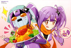 Rule 34 | 1girl, :q, absurdres, armor, armpit crease, artist request, bright pupils, broccoli, cherry tomato, copyright name, copyright notice, double-parted bangs, elbow gloves, fingerless gloves, food, gloves, hair ornament, headscarf, heart, highres, holding, holding plate, index finger raised, japanese armor, japanese clothes, ketchup, kimono, koga konoha, kote, kusagakure satoko, lettuce, light blush, long hair, long scarf, looking at viewer, magazine scan, newtype, ninja, ninja to koroshiya no futarigurashi, official art, omelet, omurice, orange eyes, orange scarf, pink background, plate, purple gloves, purple hair, purple kimono, roboko (ninkoro), robot, scan, scarf, shuriken hair ornament, side ponytail, sidelocks, simple background, sleeveless, sleeveless kimono, smile, sparkle, speech bubble, tomato, tongue, tongue out, white pupils