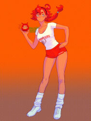 1boy ahoge alternate_costume black_hairband breasts full_body gradient_background guel_jeturk gundam gundam_suisei_no_majo hairband hand_on_own_hip highres holding hooters leaning_forward long_hair looking_at_viewer low_ponytail medium_breasts parted_lips ponytail red_hair short_shorts shorts simple_background solo standing suletta_mercury thick_eyebrows yuccoshi