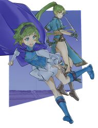 2girls absurdres ass bare_legs blue_eyes boots breasts cape fire_emblem fire_emblem:_the_blazing_blade green_hair headband highres holding holding_sword holding_weapon lyn_(fire_emblem) medium_breasts multiple_girls nino_(fire_emblem) nintendo non-web_source skirt sword tripping weapon white_skirt