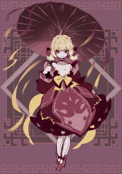 Rule 34 | 1girl, armpit crease, breasts, brown dust (series), brown dust 2, choker, cleavage, closed mouth, demon horns, detached sleeves, dress, full body, hair ribbon, high heels, highres, holding, holding umbrella, horns, justia (brown dust), large breasts, looking at viewer, meander, oil-paper umbrella, red background, red choker, red dress, red eyes, red footwear, red ribbon, red sleeves, ribbon, short hair, short twintails, small horns, smile, solo, stiletto heels, strapless, strapless dress, thighhighs, tn scallion, twintails, umbrella, white thighhighs, wide sleeves