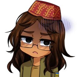 1girl black_eyes brown_hair brown_shirt crimean_flag crimean_tatar dark-skinned_female dark_skin empty_eyes fez_hat glasses gloom_(expression) green_jacket high_collar jacket korzynka_persykiv long_hair long_sleeves looking_at_viewer messy_hair military_patch mole mole_under_eye non-web_source open_clothes open_jacket open_mouth original patch russo-ukrainian_war semi-rimless_eyewear shaded_face shefika_(usergore) shirt shoulder_patch solo staring tongue transparent_background ukraine ukrainian_flag unit_patch