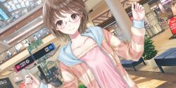 Rule 34 | 1girl, 6+others, blue reflection (series), blue reflection sun, brown eyes, brown hair, ceiling light, closed mouth, collarbone, drawstring, dutch angle, game cg, glasses, hands up, hanging plant, highres, hood, hooded jacket, indoors, ivy, jacket, kishida mel, looking at viewer, mall, multicolored jacket, multiple others, non-web source, official art, open clothes, open jacket, pink jacket, pink shirt, plant, potted plant, railing, round eyewear, shirt, short hair, sign, skylight, smile, solo focus, striped clothes, striped jacket, takaoka yukiko, two-tone jacket, yellow jacket