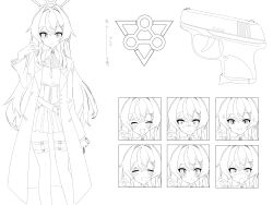Rule 34 | 1girl, ange katrina, ange katrina (4th costume), ayuko ammobium, belt, closed mouth, coat, commentary request, feet out of frame, greyscale, gun, hair intakes, hand up, handgun, high-waist skirt, highres, holding, holding gun, holding weapon, lapels, legwear garter, lineart, long hair, long sleeves, looking at viewer, miniskirt, monochrome, multiple expressions, multiple views, nijisanji, notched lapels, open clothes, open coat, pleated skirt, shirt, shirt tucked in, skirt, smile, straight-on, thighhighs, unfinished, very long hair, virtual youtuber, weapon, zettai ryouiki