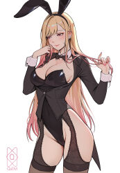1girl absurdres animal_ears barbell_piercing black_bow black_bowtie black_garter_straps black_jacket black_leotard black_thighhighs blonde_hair blush bow bowtie breasts cleavage closed_mouth collar collarbone colored_tips commentary covered_navel detached_collar ear_piercing earrings english_commentary fake_animal_ears garter_straps groin hands_up highleg highleg_leotard highres holding holding_own_hair jacket jewelry kitagawa_marin lace_garter_straps large_breasts leotard lips long_hair long_sleeves looking_to_the_side multicolored_hair official_alternate_costume piercing pink_eyes playboy_bunny playing_with_own_hair quilm rabbit_ears signature simple_background solo sono_bisque_doll_wa_koi_wo_suru standing strapless strapless_leotard thighhighs tuxedo twirling_hair very_long_hair white_background white_collar