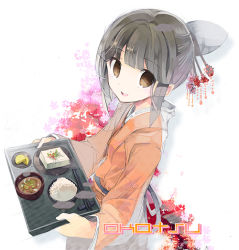 1girl black_hair bowl brown_eyes brown_hair character_name chopsticks daikon female_focus food food_request from_above fruit_punch hair_ornament hair_up inazuma_eleven inazuma_eleven_(series) inazuma_eleven_go inazuma_eleven_go_chrono_stone japanese_clothes kimono long_hair looking_at_viewer okatsu_(inazuma_eleven) open_mouth radish rice solo tray