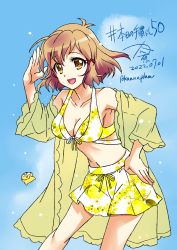 1girl bikini blonde_hair breasts cleavage highres kanna_(plum) medium_breasts midriff senki_zesshou_symphogear short_hair simple_background swimsuit tachibana_hibiki_(symphogear) yellow_eyes