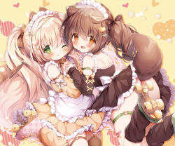 2girls ;o animal_ears arm_strap armpit_crease ass blonde_hair brown_eyes brown_hair commentary_request crossed_bandaids dog_ears dog_girl dog_tail dress green_eyes green_shoes hair_ornament haru_ichigo heart heart_hair_ornament highres holding_hands interlocked_fingers long_hair looking_at_viewer maid maid_headdress multiple_girls one_eye_closed open_mouth original pink_shoes roller_skates shoes simple_background skates smile socks tail thigh_strap visor_cap yellow_background yellow_dress