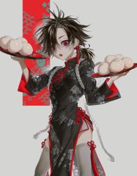 1boy absurdres aiguillette steamed_bun black_dress china_dress chinese_clothes dress egasumi fang feet_out_of_frame food grey_background grey_skirt grey_thighhighs hair_over_one_eye hands_up highres holding holding_tray knot korean_commentary legs_apart long_hair long_sleeves low_ponytail male_focus miniskirt open_mouth original pelvic_curtain pink_eyes ponytail red_eyes skirt skirt_under_dress solo tassel thighhighs toggles tray two-sided_fabric volff