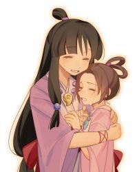 2girls absurdres ace_attorney back_bow bead_necklace beads black_hair blunt_bangs bow bracelet brown_hair chinese_commentary closed_eyes closed_mouth commentary_request cousins crying dengfeng271 grin hair_rings hair_tie half_updo hand_on_another&#039;s_shoulder hands_up hanten_(clothes) happy_tears highres hug jacket japanese_clothes jewelry kimono long_hair low-tied_long_hair low-tied_sidelocks magatama magatama_necklace maya_fey multiple_girls necklace open_mouth parted_bangs pearl_fey pink_jacket purple_jacket red_bow short_hair sidelocks simple_background smile streaming_tears tears upper_body very_long_hair white_background wide_sleeves