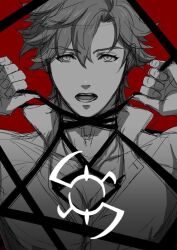 1boy fire_emblem grey_hair lionel_(fire_emblem) looking_at_viewer male_focus nintendo open_mouth red_background shirt short_hair teeth white_eyes white_shirt