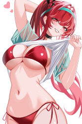 1girl bikini black_choker blue_hairband breasts choker clothes_lift commentary english_commentary goddess_of_victory:_nikke hairband heart highres large_breasts lifting_own_clothes long_hair navel rapi_(nikke) rapi_(red_hood)_(nikke) rapi_(red_hood)_(red_flavor)_(nikke) red_bikini red_eyes red_hair revision shirt shirt_lift simple_background smile solo stomach swimsuit velmillix very_long_hair wet wet_clothes wet_shirt white_background white_shirt