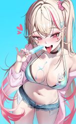 1girl absurdres bikini black_background blonde_hair blue_shorts blush breasts character_request check_character denim denim_shorts facial_mark food goddess_of_victory:_nikke hair_ornament hair_scrunchie heart heart_facial_mark highres holding holding_food holding_popsicle jacket jacket_partially_removed large_breasts liveryn_(nikke) looking_at_viewer melting_popsicle multicolored_hair navel open_fly open_mouth pink_eyes pink_jacket popsicle red_hair scrunchie shorts side_ponytail simple_background smile solo streaked_hair swimsuit tongue tongue_out uyuri_(89976220)