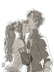1boy 1girl bad_id bad_pixiv_id bare_shoulders blush braid breasts bridal_gauntlets closed_eyes commentary dancer ephraim_(fire_emblem) fire_emblem fire_emblem:_the_sacred_stones fire_emblem_awakening from_side greyscale hairband hand_on_another&#039;s_chest hetero high_collar highres imminent_neck_licking long_hair long_sleeves medium_breasts monochrome nintendo olivia_(fire_emblem) open_mouth ponytail profile sanxian_(yzderia) shirt short_hair side_braid signature simple_background tongue tongue_out upper_body white_background