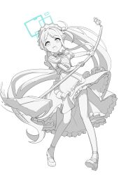 1girl absurdly_long_hair absurdres apron aqua_halo aris_(blue_archive) aris_(maid)_(blue_archive) blue_archive chinese_commentary collared_dress commentary dot_nose dress floating_clothes floating_hair foreshortening frilled_apron frilled_dress frills full_body greyscale halo highres holding holding_mop kei_(robot)_(blue_archive) legs liago long_hair long_sidelocks looking_at_viewer maid maid_apron maid_headdress mary_janes monochrome mop neck_ribbon official_alternate_costume official_alternate_hairstyle open_mouth parted_bangs pigeon-toed ponytail puffy_short_sleeves puffy_sleeves rectangular_halo ribbon shoes short_sleeves sidelocks simple_background smile solo spot_color standing tareme teeth two-sided_dress two-sided_fabric unfinished upper_teeth_only very_long_hair white_background wrist_cuffs