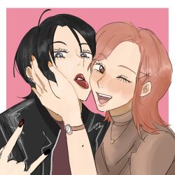 2girls \m/ black_eyes black_hair black_jacket black_nails blush brown_eyes brown_hair brown_shirt commentary ear_piercing hand_on_another&#039;s_face heart heart_necklace highres jacket jewelry komatsu_nana looking_at_viewer multiple_girls nana_(series) necklace nose_blush one_eye_closed orange_nails osaki_nana piercing pink_background red_lips red_shirt shirt short_hair watch white_background wristwatch y4ntaoist