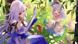 Rule 34 | 2girls, aged down, animal ears, bird, bird wings, blue thighhighs, boots, cat, cat ears, closed eyes, closed mouth, collarbone, crossed legs, dress, genshin impact, grass, guitar, hair between eyes, hair ornament, hand on own chest, highres, holding, holding guitar, holding instrument, instrument, leaf, long hair, multiple girls, music, okawaoshio, on grass, open mouth, playing guitar, playing instrument, rabbit, rabbit ears, red eyes, sitting, skirk (genshin impact), sleeveless, sleeveless dress, slime (genshin impact), squirrel, squirrel ears, squirrel tail, tail, thighhighs, tree, very long hair, wariza, white boots, white dress, white hair, wings