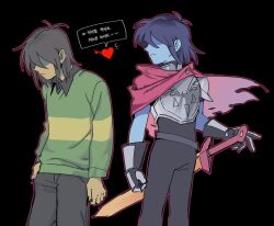 1other armor black_background black_pants blue_hair blue_skin breastplate brown_hair cape colored_skin commentary_request deltarune dual_persona green_shirt heart highres korean_commentary korean_text kris_(deltarune) long_sleeves outline pants pink_outline red_cape sheath sheathed shirt short_hair striped_clothes striped_shirt sword translation_request ttudolee weapon yellow_skin