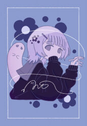 Rule 34 | black sweater, drawing (action), flower, from side, ghost, hair flower, hair ornament, hairpin, hand up, highres, holding, holding pencil, looking at viewer, looking to the side, medium hair, omochi noa, original, pencil, school uniform, serafuku, signature, sweater, upper body