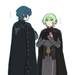 2boys armor armored_gloves black_cape black_gloves blue_aura blue_eyes cape crossed_arms dual_persona fire_emblem fire_emblem:_three_houses fire_emblem_engage gloves green_eyes green_hair highres interlocked_fingers looking_at_another male_byleth_(emblem)_(fire_emblem) male_byleth_(enlightened)_(fire_emblem) male_byleth_(fire_emblem) male_focus multiple_boys nintendo own_hands_together simple_background standing white_background zuzu_(ywpd8853)