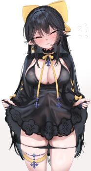 Rule 34 | 1girl, absurdres, black dress, black hair, black panties, breasts, cleavage, closed mouth, clothes lift, commission, cowboy shot, dress, dress lift, earrings, highres, jewelry, krabking, large breasts, lifting own clothes, long hair, long sleeves, mole, mole under eye, original, panties, panty pull, parted lips, pointy ears, simple background, single earring, smile, solo, underwear, white background