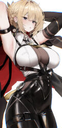 1girl absurdres arm_strap armpits arms_behind_head arms_up black_pants blonde_hair breasts chest_harness commentary cowboy_shot earrings elbow_gloves evelyn_chevalier gloves gold_earrings hair_intakes harness highres jewelry large_breasts looking_at_viewer mochirong mole mole_under_eye necktie pants parted_lips purple_eyes shirt simple_background single_elbow_glove sleeveless sleeveless_shirt solo symbol-only_commentary white_background yellow_necktie zenless_zone_zero