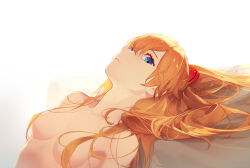 1girl 1zayoihypoxia blue_eyes breasts brown_hair commentary convenient_censoring hair_between_eyes hair_censor hair_over_breasts highres long_hair lying medium_breasts neon_genesis_evangelion nude on_back parted_lips solo souryuu_asuka_langley