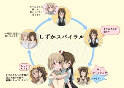 Rule 34 | &gt; &lt;, 2girls, :q, @ @, ^ ^, absurdres, animal hands, arrow (symbol), bear hat, black vest, blue eyes, blue shirt, blush, bocchi the rock!, bow, brown hair, clenched hands, clenched teeth, closed eyes, closed mouth, collarbone, collared shirt, commentary, crescent, crescent hair ornament, d:, dress shirt, erumu (kongou114), exciting animal (love live!), gloves, hair between eyes, hair bow, hair ornament, hairclip, half updo, hands on own head, heart, highres, holding hands, hug, hug from behind, interlocked fingers, long hair, love live!, love live! nijigasaki high school idol club, love live! school idol festival all stars, meme, multiple girls, multiple views, nakasu kasumi, neck ribbon, nijigasaki school uniform, nose blush, nude, official alternate costume, one eye closed, open mouth, osaka shizuku, paw gloves, pink eyes, raccoon hat, red bow, ribbon, school uniform, shirt, short hair, short sleeves, sidelocks, smile, speech bubble, split mouth, summer uniform, sweater vest, teeth, thought bubble, tongue, tongue out, translation request, under covers, vest, vicious cycle of drug addiction (meme), yellow background, yellow ribbon, yellow sweater vest, yuri