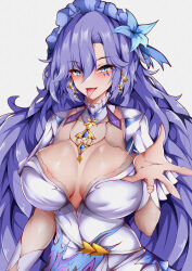 1girl absurdres blue_eyes blue_flower blush breasts cantarella_(wuthering_waves) commentary dress earrings facial_mark fingernails flower grey_background hair_between_eyes hair_flower hair_ornament headdress highres jewelry large_breasts long_hair looking_at_viewer mark_under_eye okine_(okine691) purple_hair shrug_(clothing) solo tongue tongue_out upper_body very_long_hair white_dress white_shrug wuthering_waves