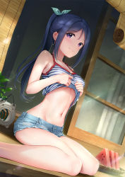 1girl aqua_bow bare_shoulders black_hair blue_hair blush bow breasts clothes_lift commentary_request cutoffs denim denim_shorts dutch_angle female_focus food fruit hair_bow highres kayari_buta lifting_own_clothes long_hair looking_at_viewer love_live! love_live!_school_idol_festival love_live!_sunshine!! matsuura_kanan medium_breasts mignon navel ponytail porch purple_eyes shirt shirt_lift short_shorts shorts sidelocks sitting smile solo stomach striped_bow striped_tank_top tank_top underboob wariza watermelon