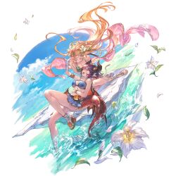 2girls :d alpha_transparency anne_(shingeki_no_bahamut) bandaged_arm bandages bare_shoulders bikini bikini_skirt blonde_hair blue_bikini blue_sky blush breasts cloud day dragon_girl dragon_horns dragon_tail dragon_wings flower full_body granblue_fantasy grea_(shingeki_no_bahamut) grea_(summer)_(shingeki_no_bahamut) hair_between_eyes hair_flower hair_ornament horns large_breasts long_hair minaba_hideo multiple_girls official_art open_mouth outdoors pleated_skirt pointy_ears purple_hair red_eyes sandals shingeki_no_bahamut short_hair skirt sky smile swimsuit tail transparent_background very_long_hair wings