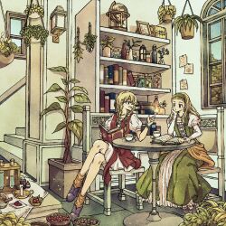 2girls bangle blonde_hair book bookshelf boots bottle bowl bracelet braid breasts brown_boots candle chair crossed_legs cup dragon_quest dragon_quest_xi dress flaming_hand full_body globe green_dress green_hairband hair_between_eyes hair_over_shoulder hairband hanging_plant head_on_hand herb_bundle highres holding holding_book indoors jar jewelry long_dress long_hair looking_at_another medium_breasts multiple_girls on_chair open_book open_mouth parted_lips plant potted_plant purple_boots reading red_dress senya_(dq11) short_dress sitting smile stairs table teacup toriga twin_braids two-tone_dress veronica_(dq11) vial white_dress window