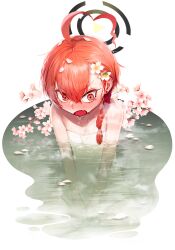 absurdres ahoge bare_shoulders bathing black_halo blue_archive blush braid breasts cherry_blossoms embarrassed fang flower flower_on_head hair_between_eyes halo highres mole mole_under_eye naked_towel neru_(blue_archive) nose_blush onsen open_mouth red_eyes red_hair sb_(dlwnsrl1783) short_hair single_braid skin_fang small_breasts solo towel white_background