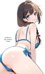 1girl ahoge ass back bare_arms bikini blue_bikini blue_eyes braid breasts brown_hair commentary_request dated grin hair_between_eyes hair_ornament hair_over_shoulder hanako_(peanut) highres kantai_collection long_hair looking_at_viewer medium_breasts official_alternate_costume one-hour_drawing_challenge partially_visible_vulva shigure_(kancolle) shigure_kai_san_(kancolle) shigure_kai_san_(swimsuit)_(kancolle) smile solo swimsuit thighs