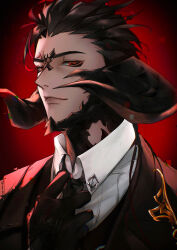 1boy adjusting_clothes adjusting_necktie au_ra black_gloves black_hair black_jacket black_necktie closed_mouth collared_shirt final_fantasy final_fantasy_xiv forward-facing_horns glitch gloves hair_slicked_back highres horns jacket liz_gray looking_at_viewer male_focus monster_boy necktie portrait red_background red_eyes scales shirt smile solo warrior_of_light_(ff14) white_shirt