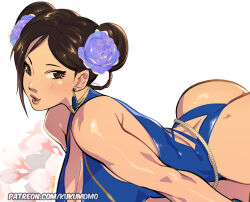 1girl alternate_costume ass bare_shoulders blue_one-piece_swimsuit breasts brown_hair capcom chun-li cleavage curvy earrings flower highleg highleg_one-piece_swimsuit huge_ass jewelry kukumomo lips looking_at_viewer official_alternate_costume one-piece_swimsuit parted_lips solo street_fighter street_fighter_6 swimsuit thong_one-piece_swimsuit